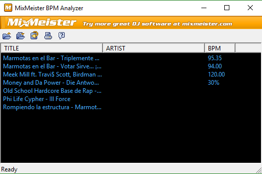Oberfläche des Programms BPM Analyzer der Firma MixMaster mit blauen Zeilen auf schwarzem Hintergrund, die verschiedene Musiktitel darstellen